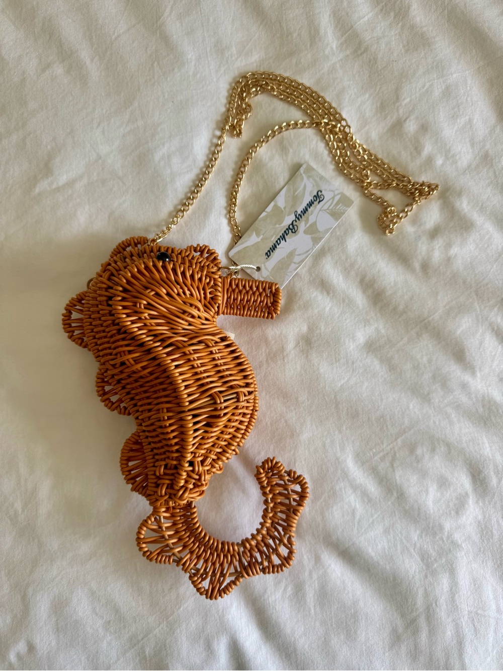 Tommy Bahama Woven Seahorse Crossbody Bag in Tan with Gold Chain
